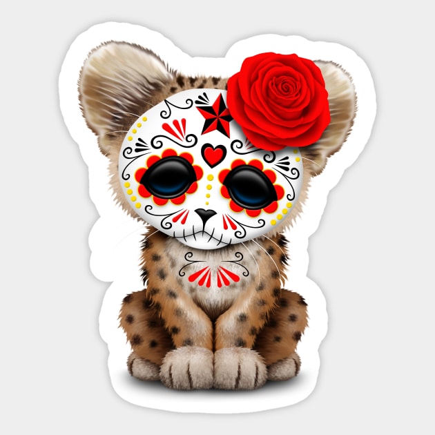 Red Day of the Dead Sugar Skull Leopard Cub Sticker by jeffbartels